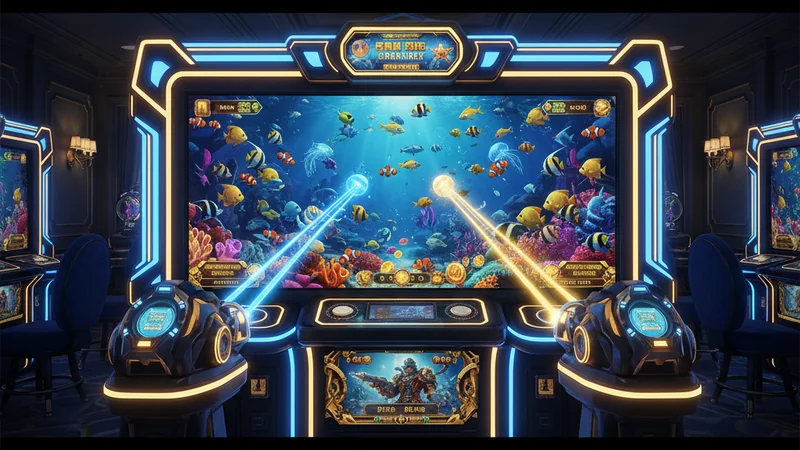 Online casino fish shooter game hero — vibrant multiplayer arcade action in a coral reef with cannon fire and neon lights.